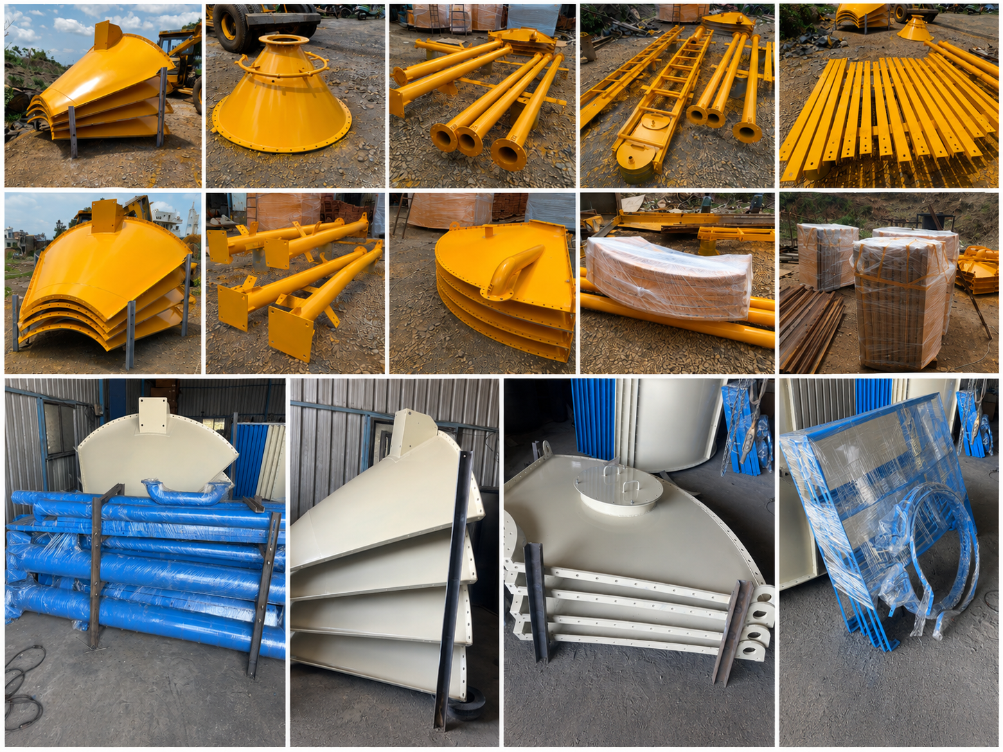 R.A. Enterprises is a bolted silo and industrial equipment manufacturer in Pune, Maharashtra, providing complete manufacturing, palletization, packing and pre-dispatch preparation. Bolted silo panels, silo cone sections, support structures, ladders, pipelines and fabricated accessories are carefully inspected, organized, wrapped and packed before dispatch. Our systematic industrial equipment packing and silo palletization process helps protect fabricated components during loading, transportation and site delivery. The photographs shown here are genuine images from our manufacturing and pre-dispatch preparation activities.